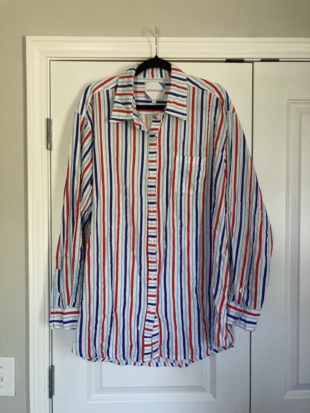 Addison Bay Womens Naples Shirt Cover Up Red/White/Blue Seersucker Gauzes XL USA